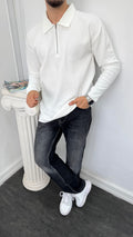 Fitilli Yarım Fermuarlı Sweatshirt Beyaz