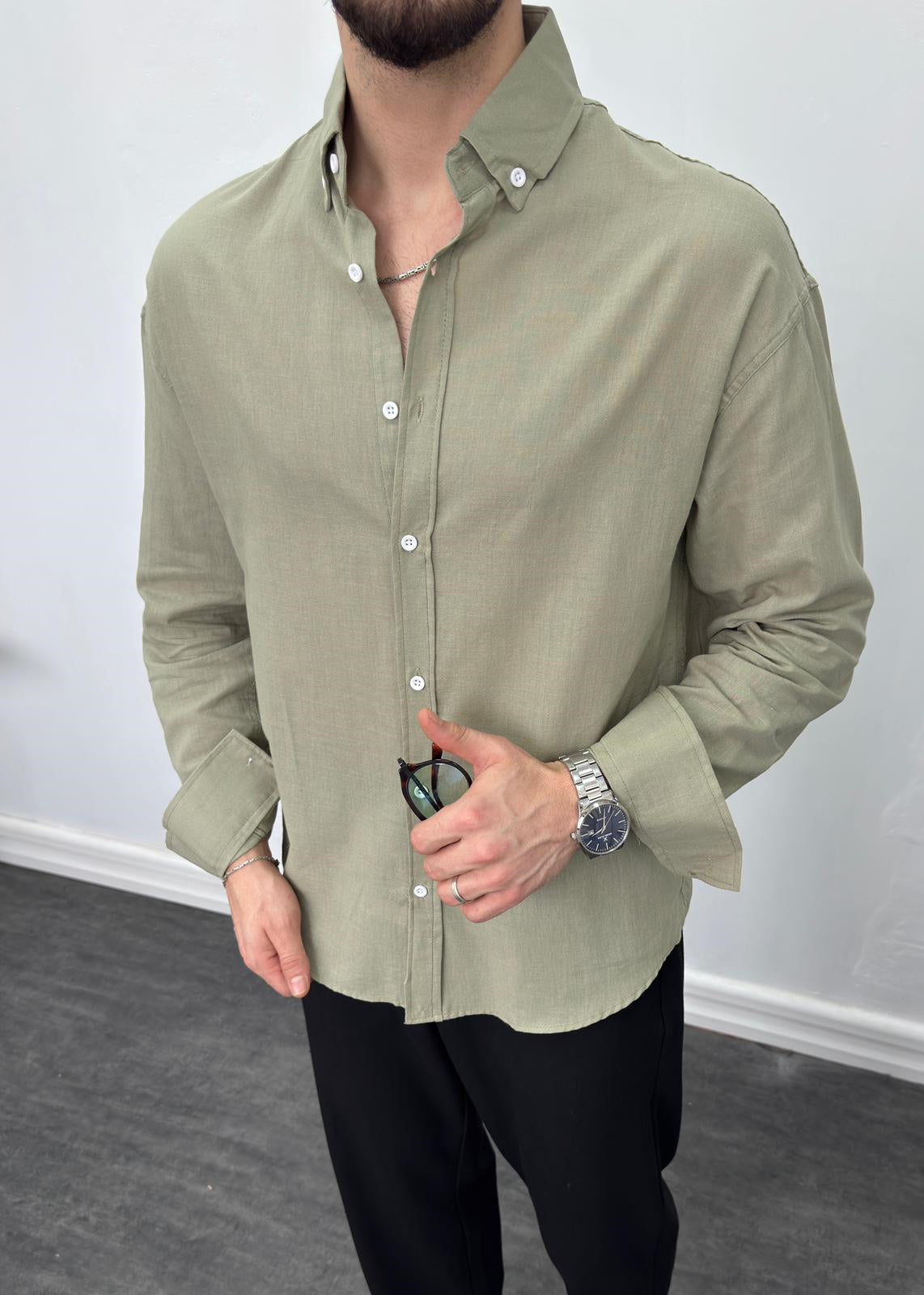 Fresh Keten Oversize Gömlek Ç.yeşili