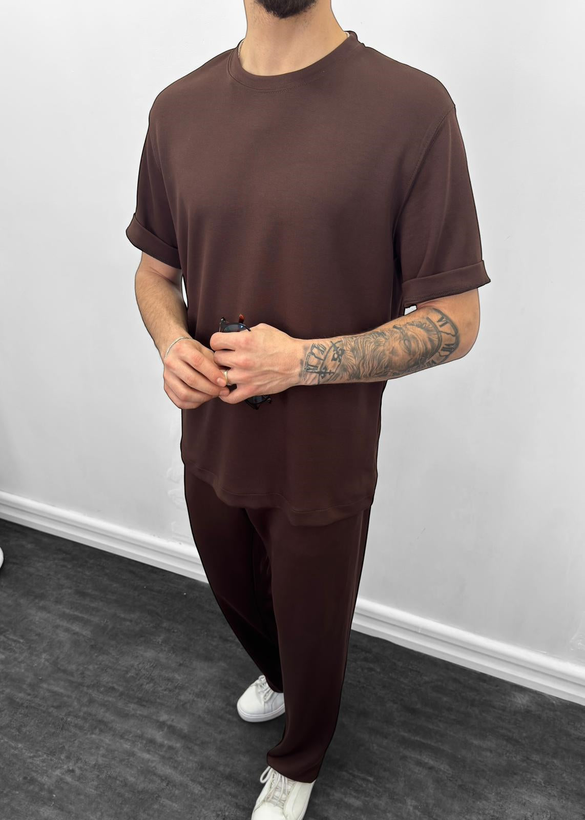 Oysho Kumaş Oversize Tişörtlü Takım Kahverengi
