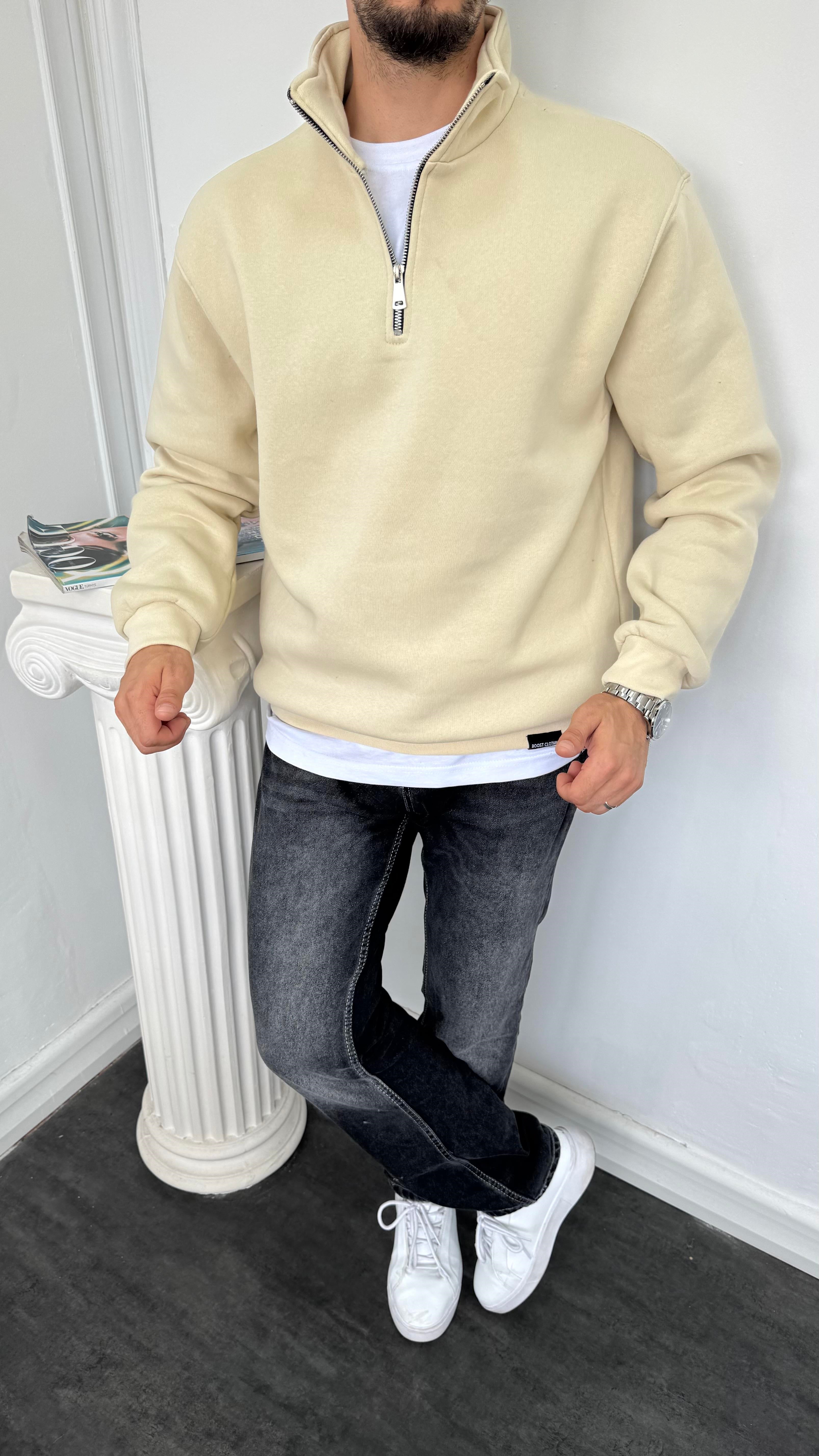 Yarım Fermuarlı Üç İplik Şardonlu Sweatshirt Krem